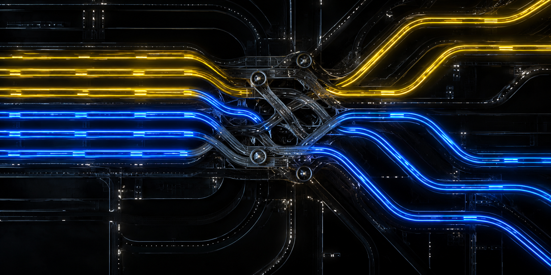 Aiguillage abstrait de routes lumineuses jaunes et bleues